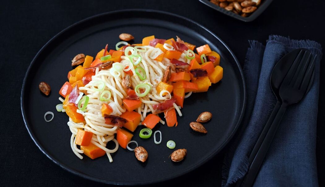 Spaghetti mit Kürbis und Bacon