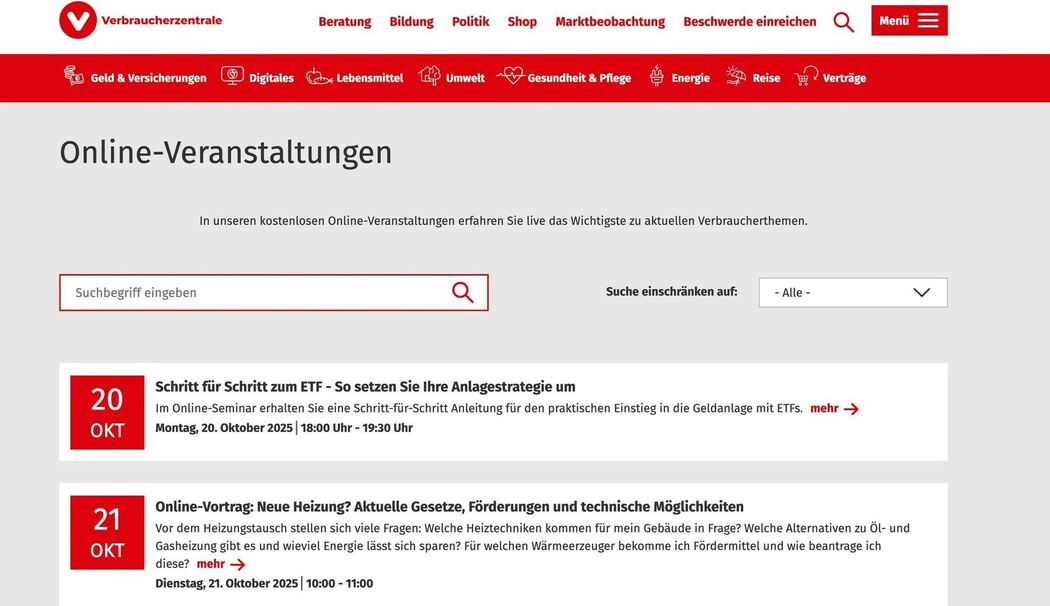 Onlinekurs-Angebot auf verbraucherzentrale.de