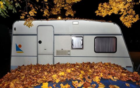 Ein Wohnwagen hinter Herbstlaub