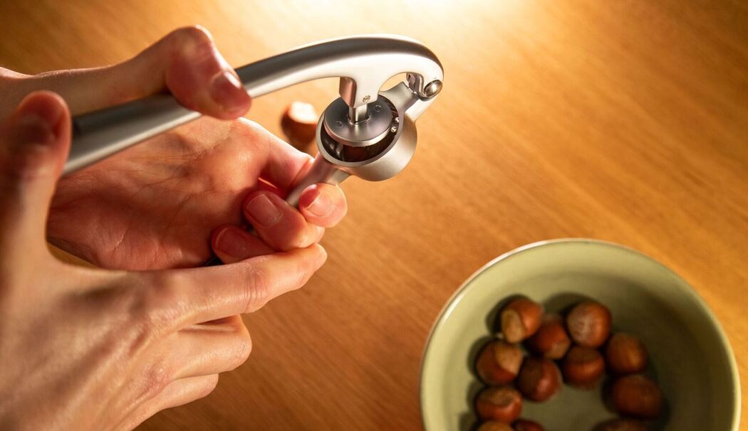 Knoblauchpresse mit einer Haselnuss wird gepresst Knoblauchpresse mit einer Haselnuss wird gepresst