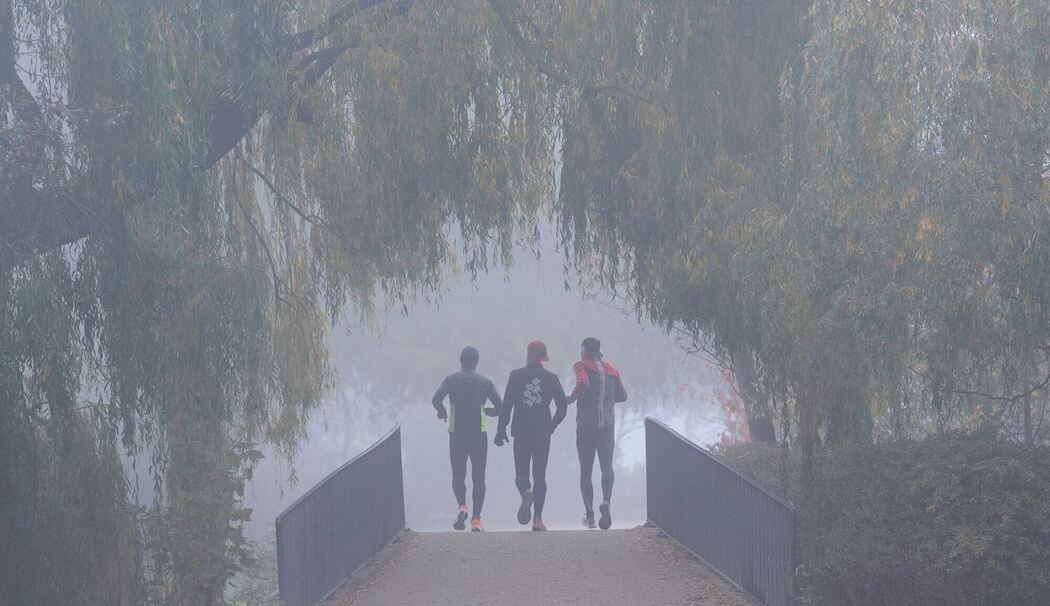Drei Läufer joggen bei nebligem Wetter