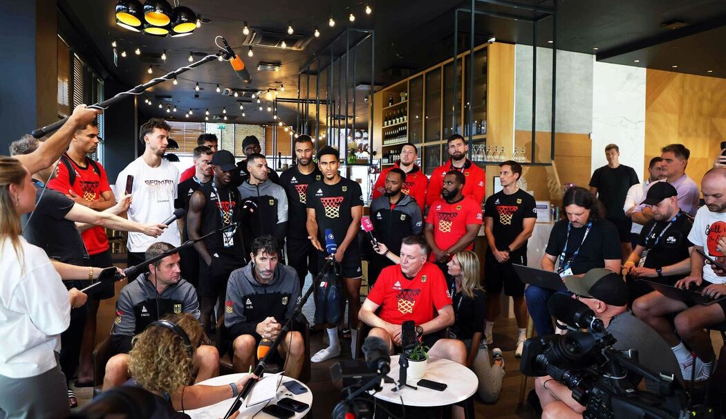 Pk der deutschen Basketballer bei der EM in Riga. Pk der deutschen Basketballer bei der EM in Riga.